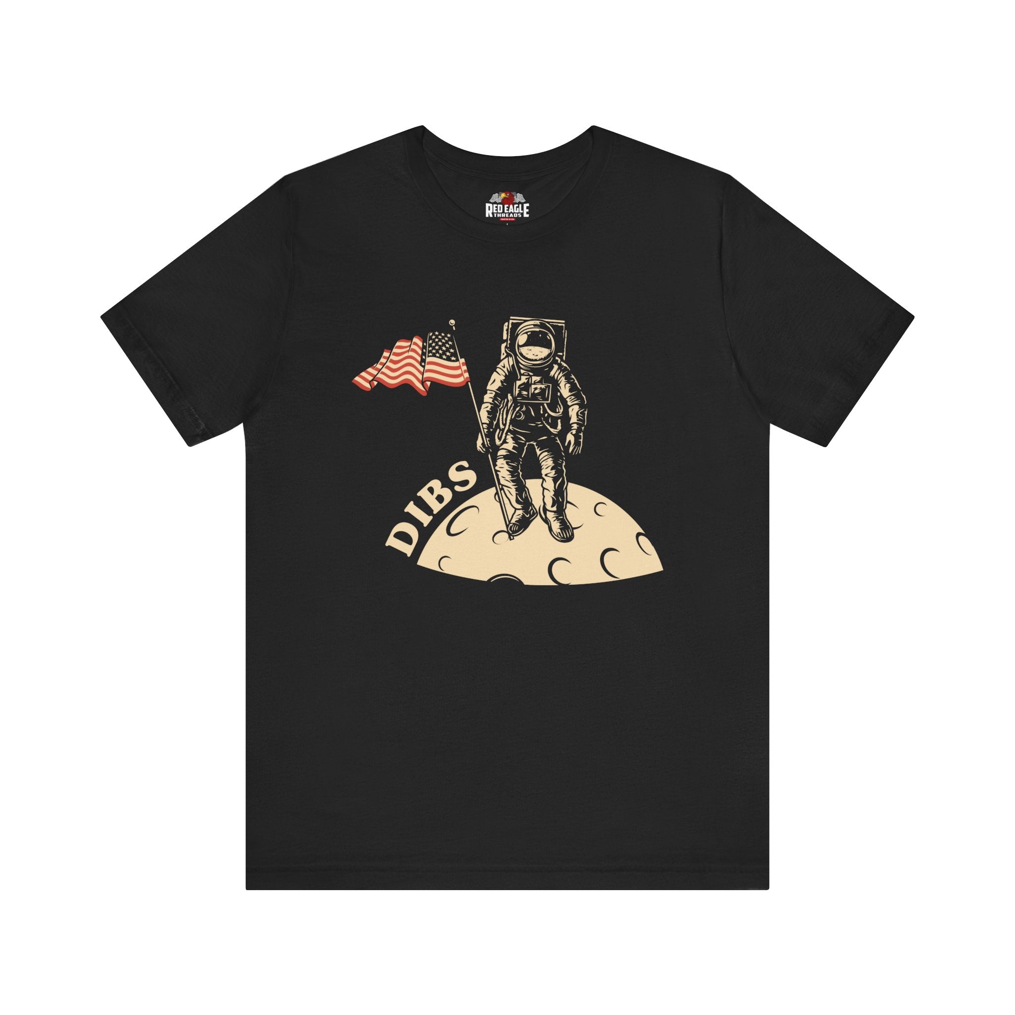 Black t-shirt with an astronaut graphic and 'DIBS' text on a white background