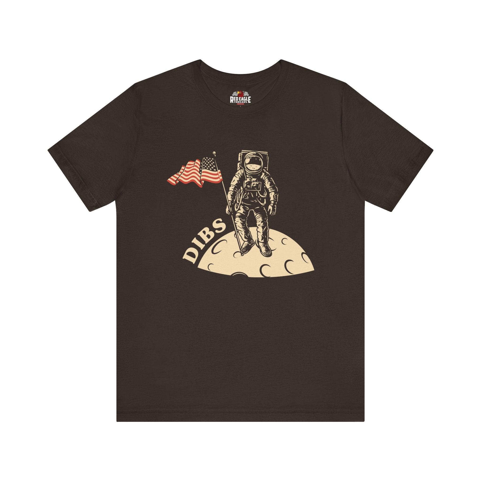 Brown t-shirt with an astronaut graphic and 'DIBS' text on a white background