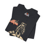 Vintage Black t-shirt with astronaut and American flag design on a white background