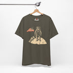 Army Green t-shirt with astronaut graphic and 'DIBS' text on a hanger against a white background