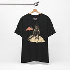 Black t-shirt with astronaut graphic and 'DIBS' text on a hanger against a white background