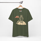 Military Green t-shirt with astronaut graphic and 'DIBS' text on a hanger against a white background