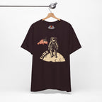 Oxblood Black t-shirt with astronaut graphic and 'DIBS' text on a hanger against a white background