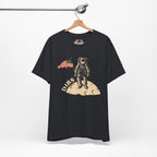 Vintage Black t-shirt with astronaut and American flag graphic on a hanger against a white background