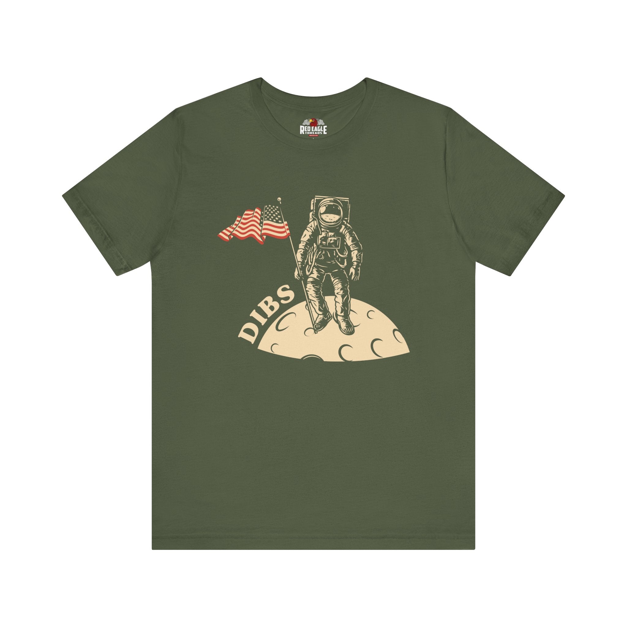 Military Green t-shirt with an astronaut graphic and 'DIBS' text on a white background