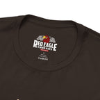 Close-up of a brown t-shirt with 'Red Eagle Threads' logo on a white background