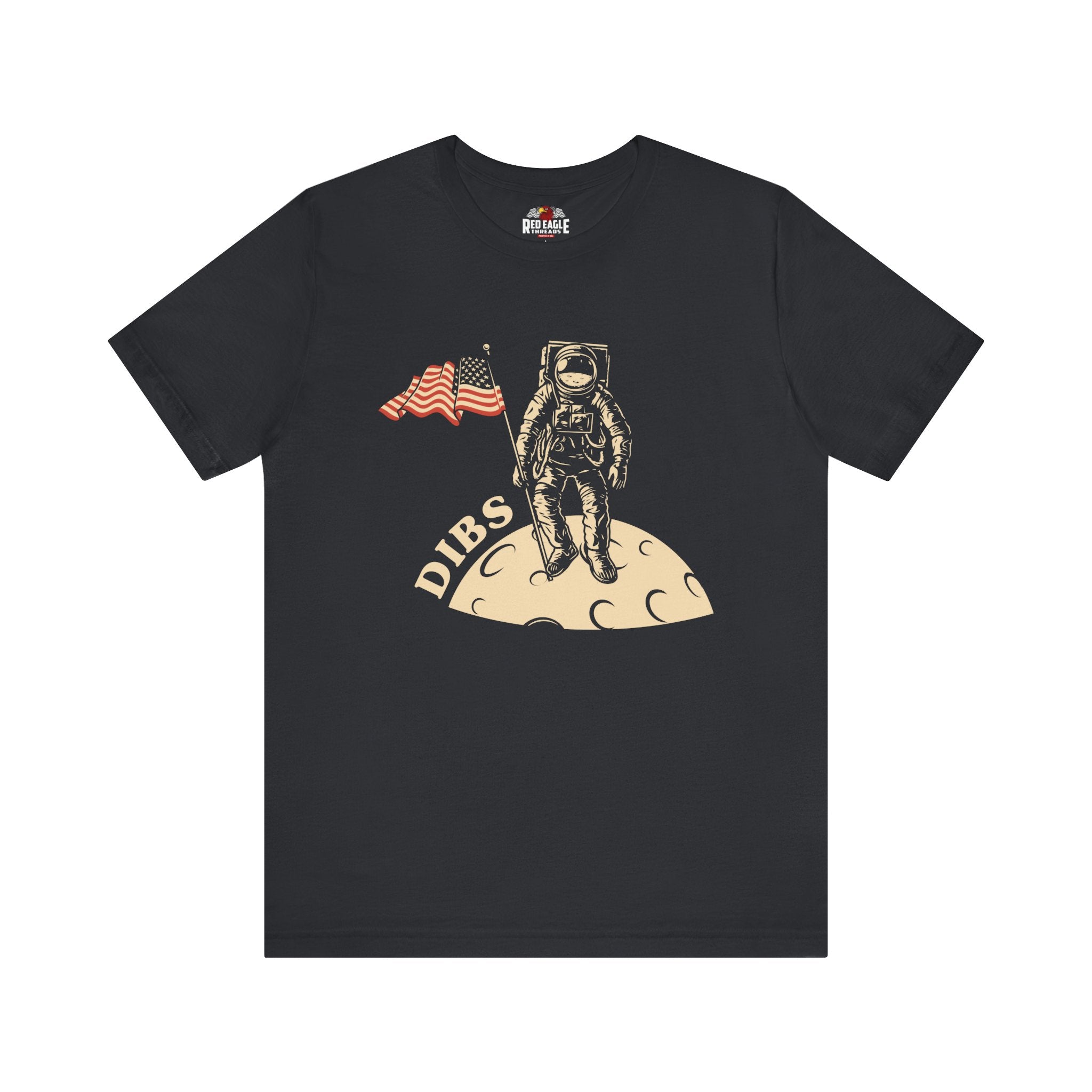 Vintage Black t-shirt with an astronaut and American flag graphic on a white background