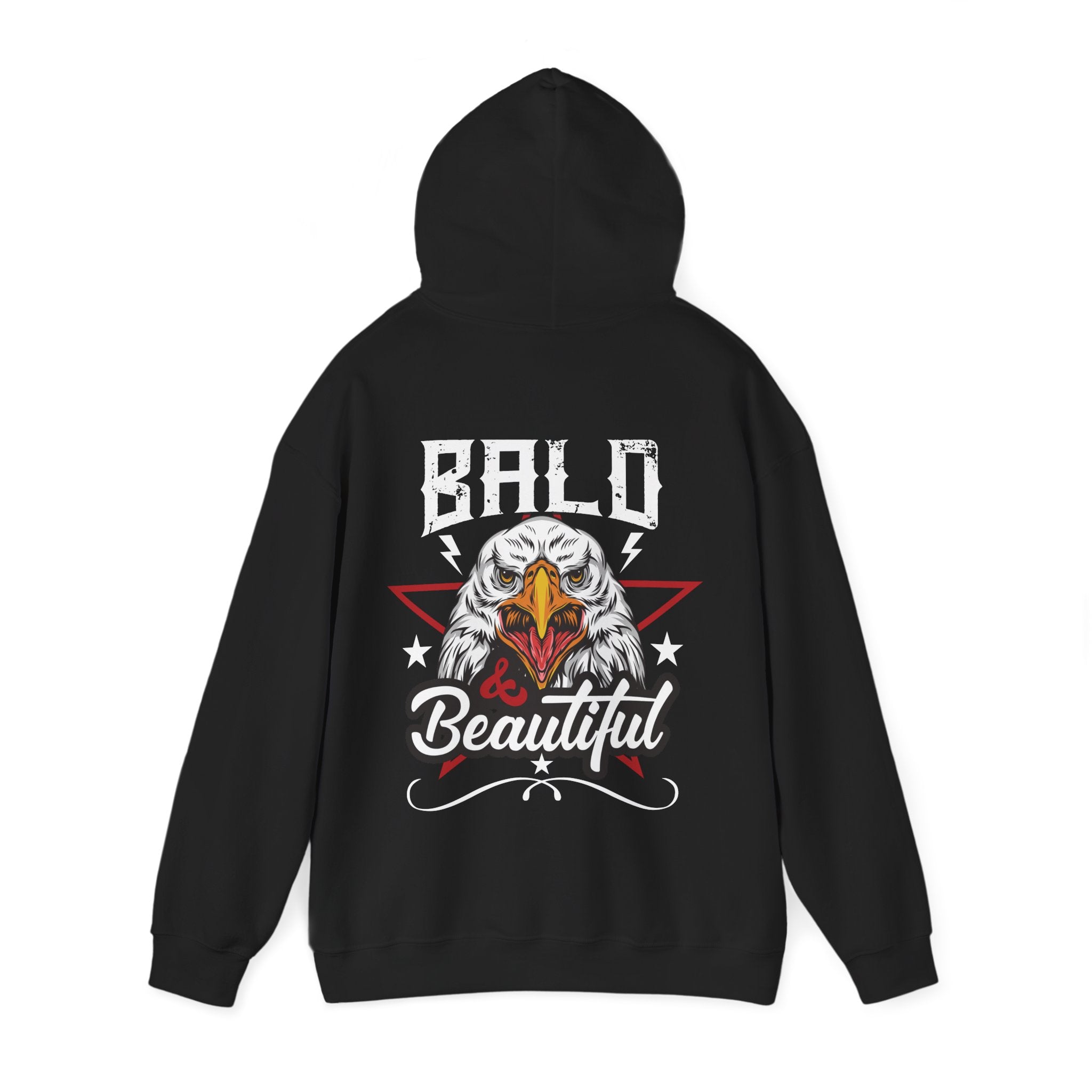 Black hoodie with an eagle graphic on back and 'Bald is Beautiful' text on a white background