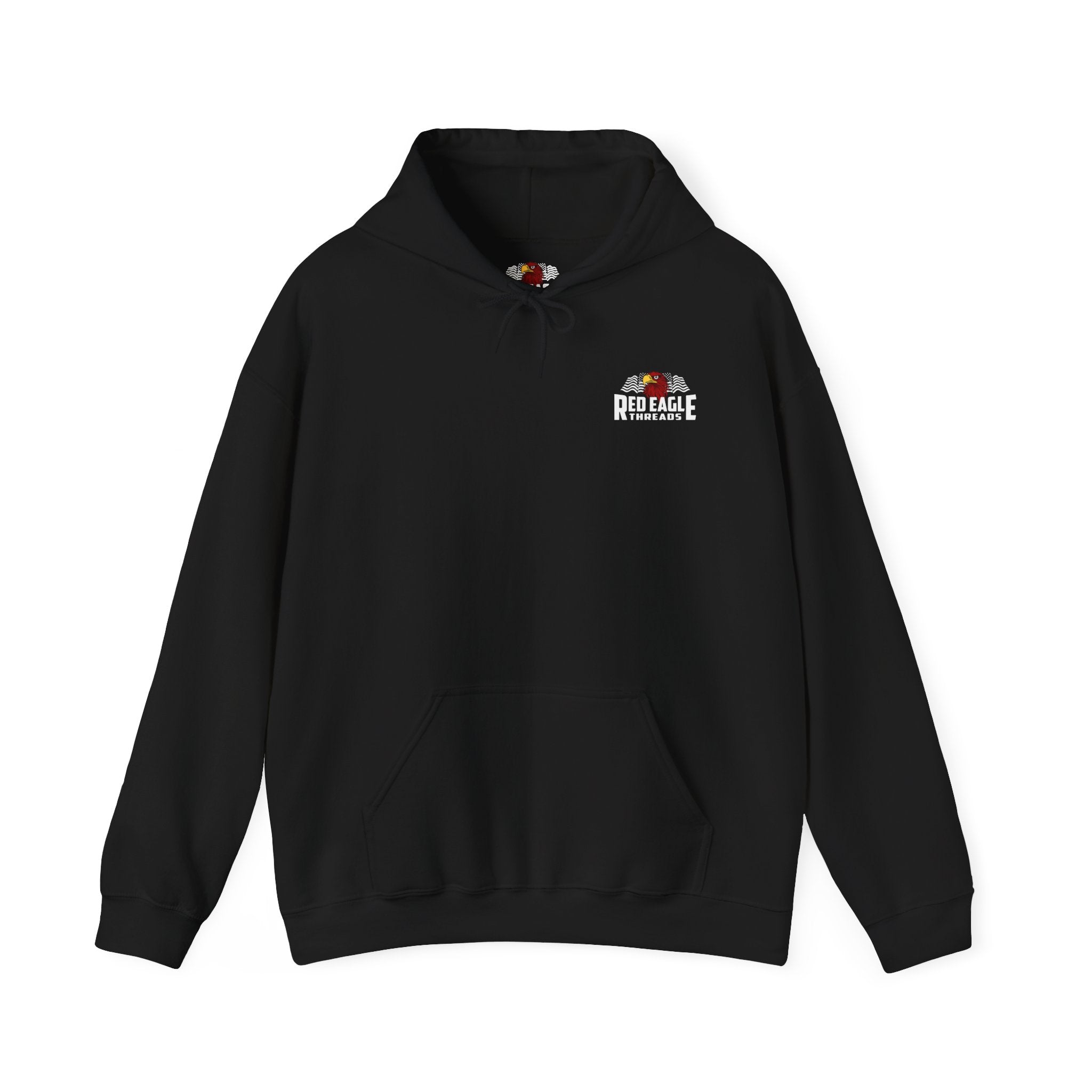 Black hoodie with a logo on the chest against a white background