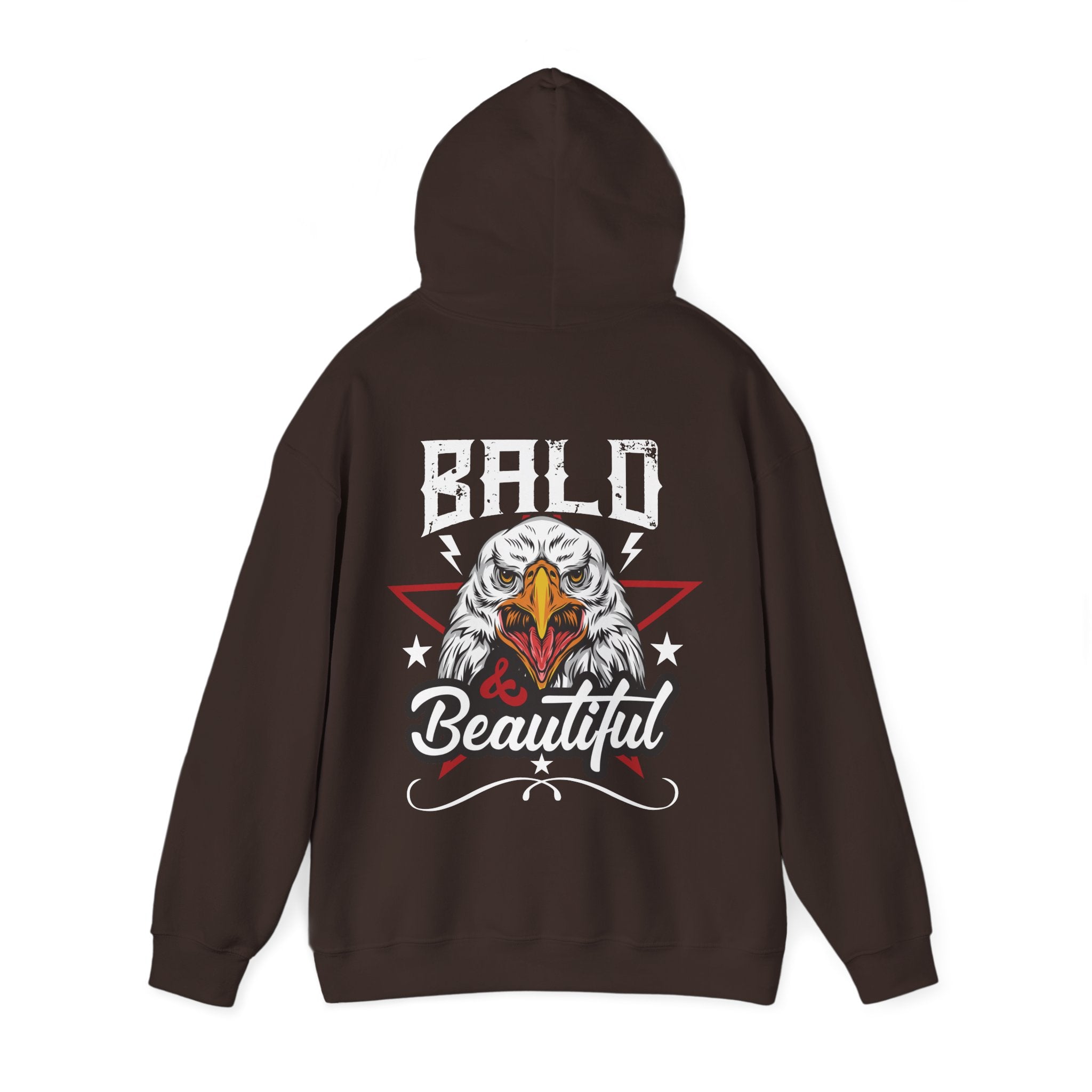 Brown hoodie with an eagle graphic on back and text on the back against a white background