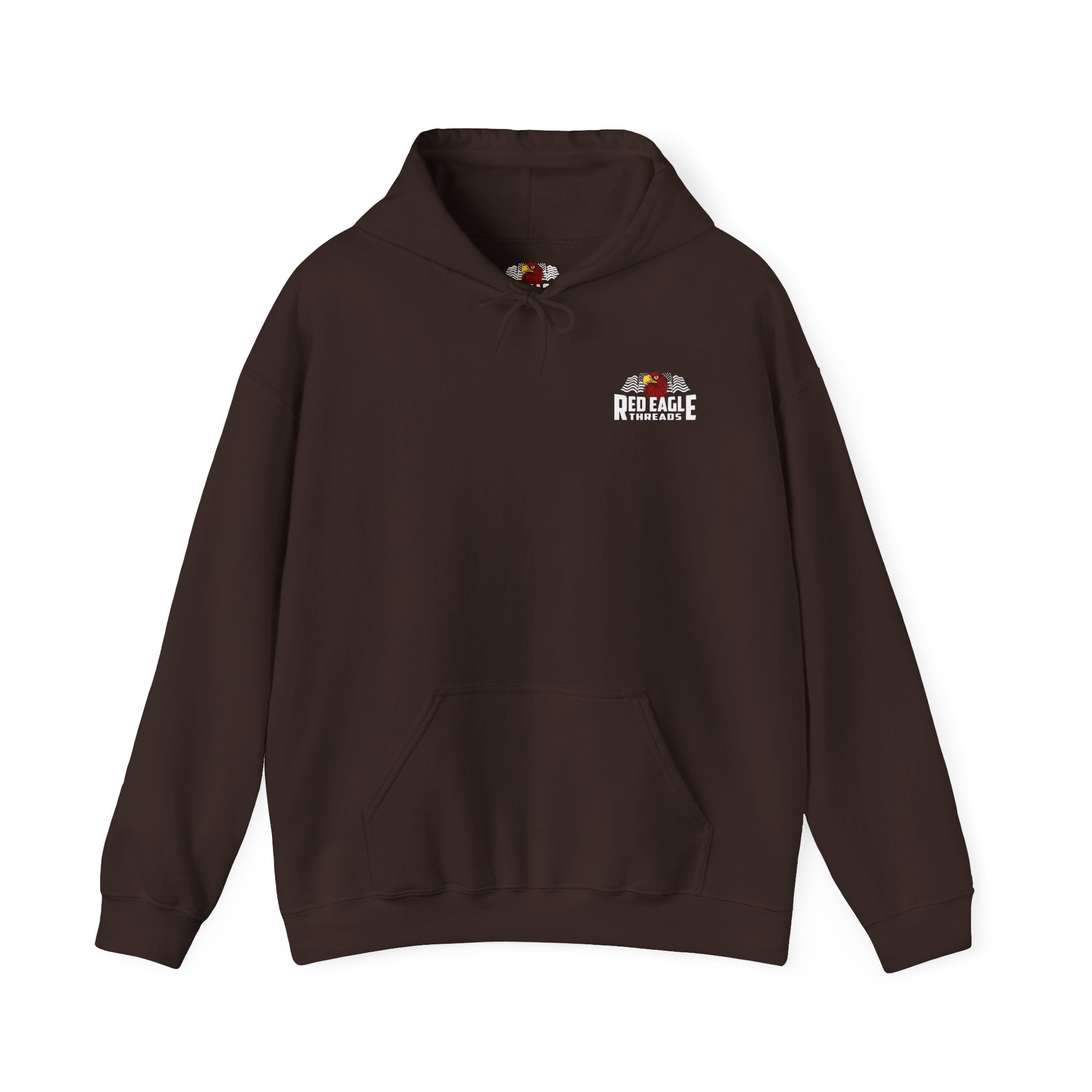 Brown hoodie with a logo on the chest against a white background
