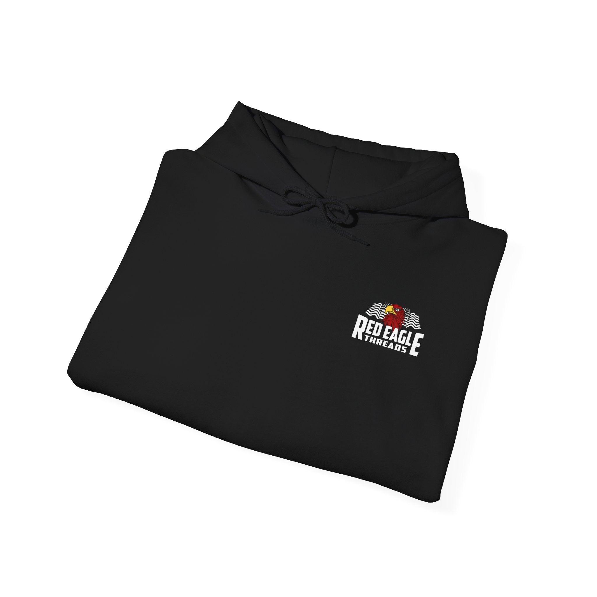 Folded black shirt with Red Eagle logo on a white background