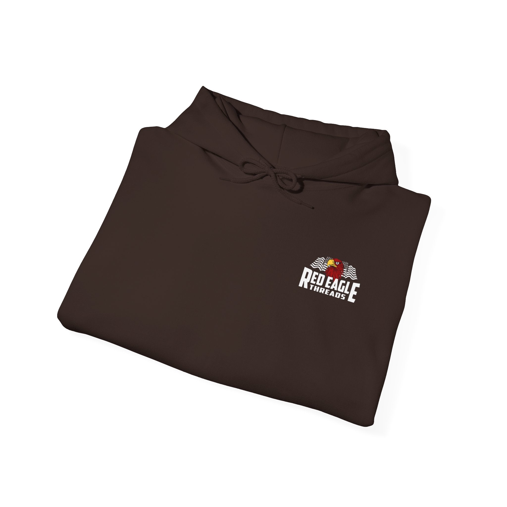 Folded brown shirt with Red Eagle Threads logo on a white background