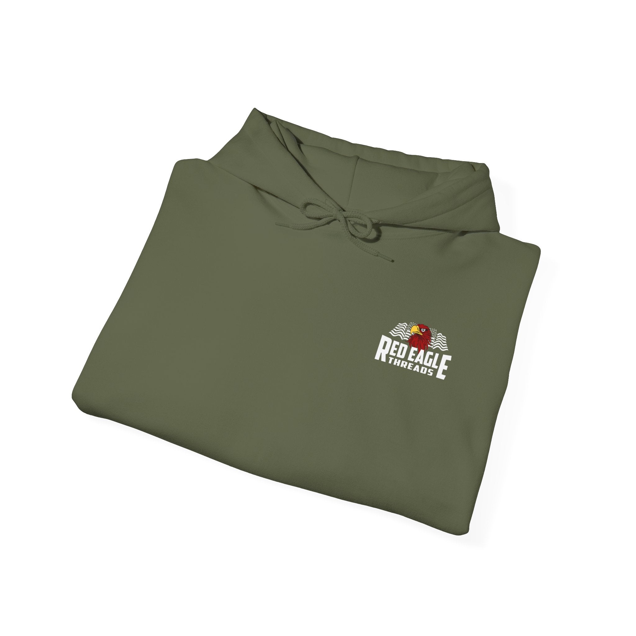 Folded green hoodie with Red Eagle Threads logo on a white background