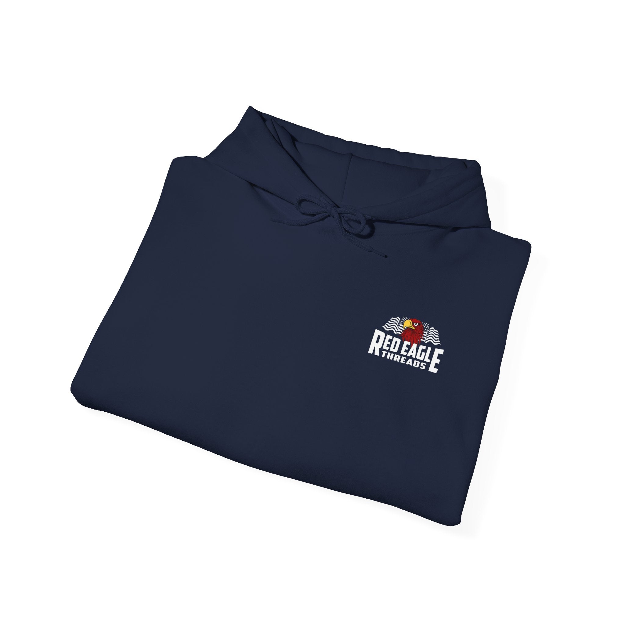 Folded navy blue shirt with Red Eagle Threads logo on a white background