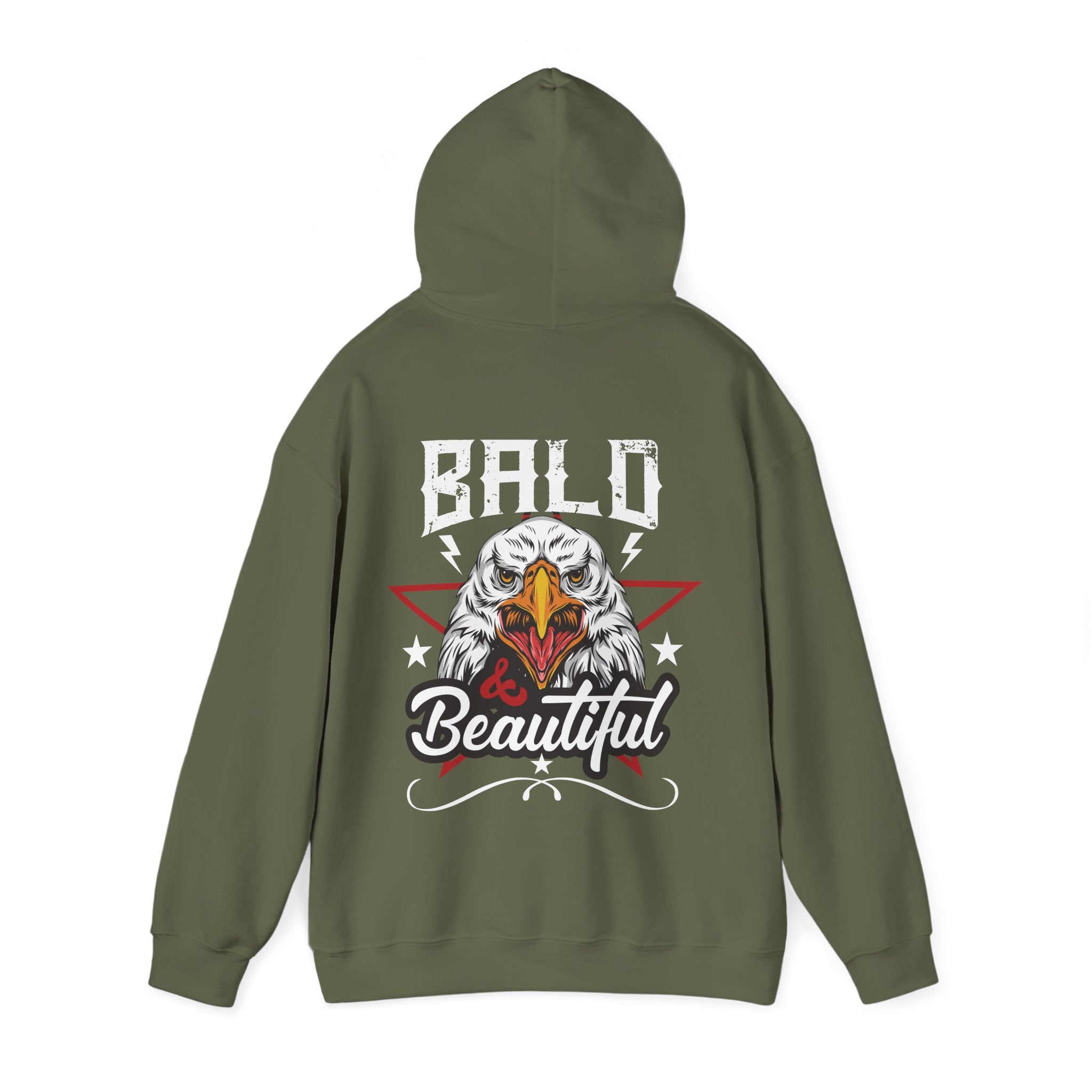 Green hoodie with an eagle graphic on back and text on a white background