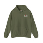 Military Green hoodie with a logo on the chest against a white background