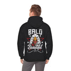 Black hoodie with an eagle design and 'Bald is Beautiful' text on the back, worn by a person.