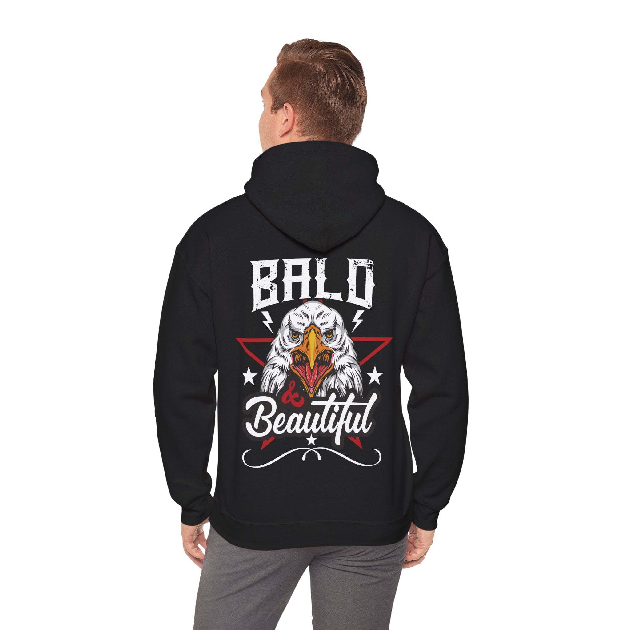 Black hoodie with an eagle design and 'Bald is Beautiful' text on the back, worn by a person.