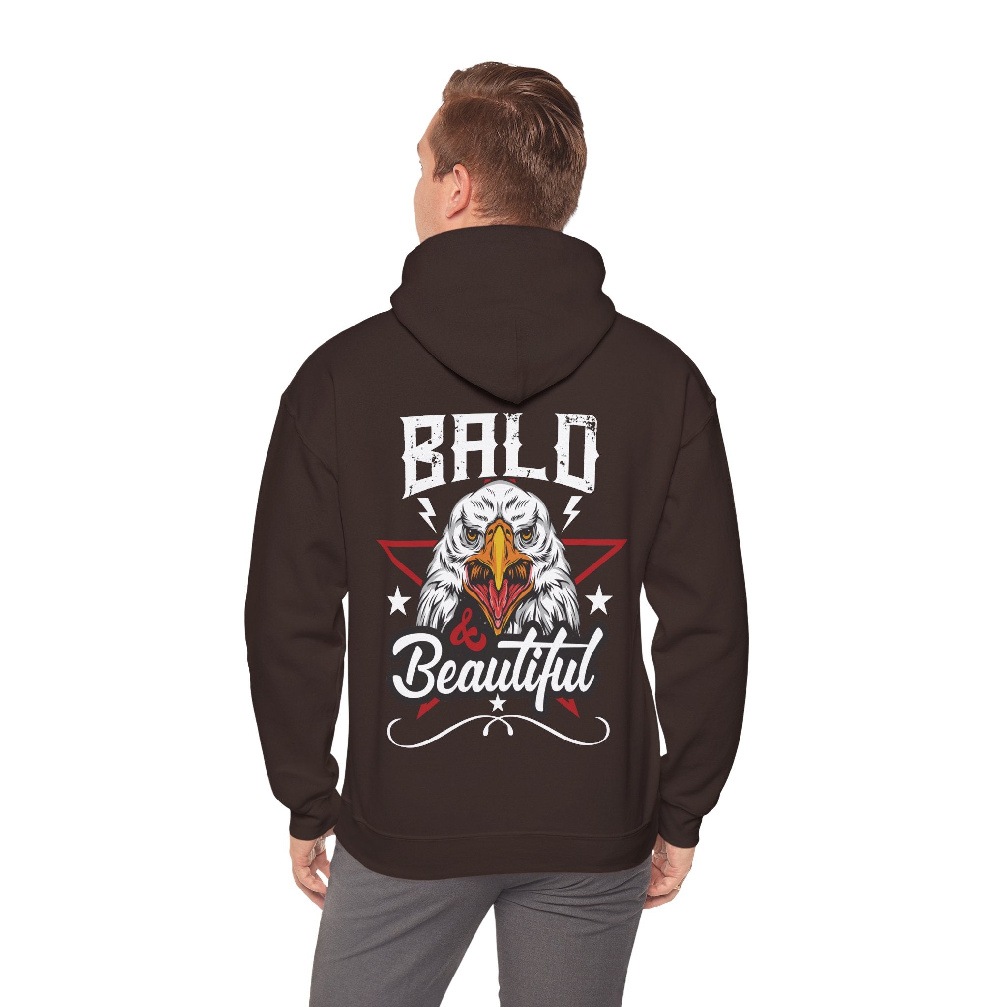 Person wearing a brown hoodie with an eagle graphic and text on the back