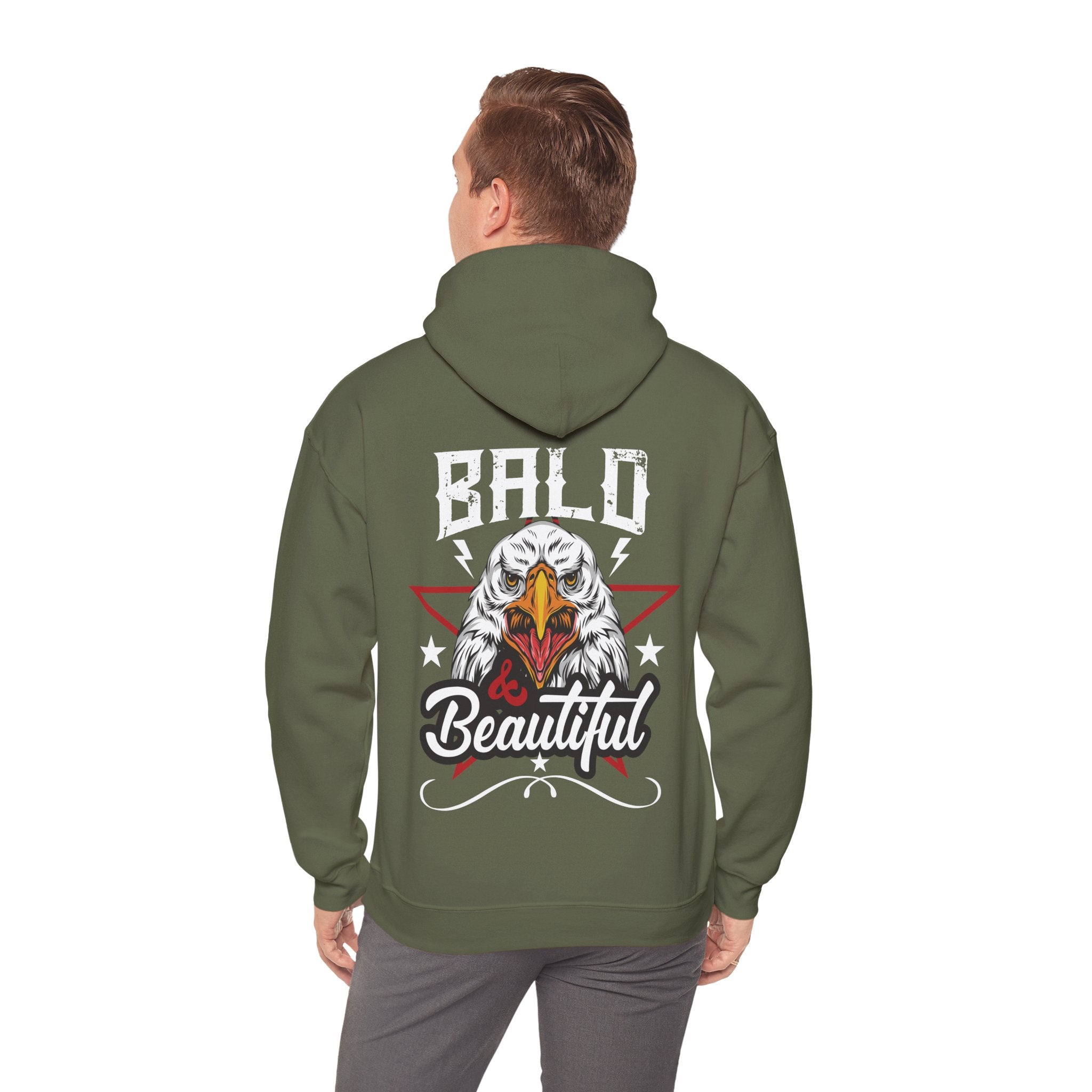 Person wearing a military green hoodie with an eagle graphic and text on the back