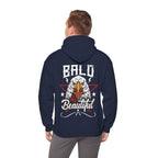 Navy hoodie with an eagle graphic and 'Bald & Beautiful' text on the back, worn by a person.