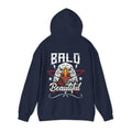 Navy blue hoodie with an eagle graphic on back and 'Bald is Beautiful' text on a white background