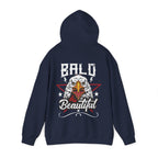 Navy blue hoodie with an eagle graphic on back and 'Bald is Beautiful' text on a white background