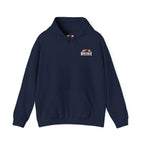 Navy blue hoodie with a logo on the chest against a white background