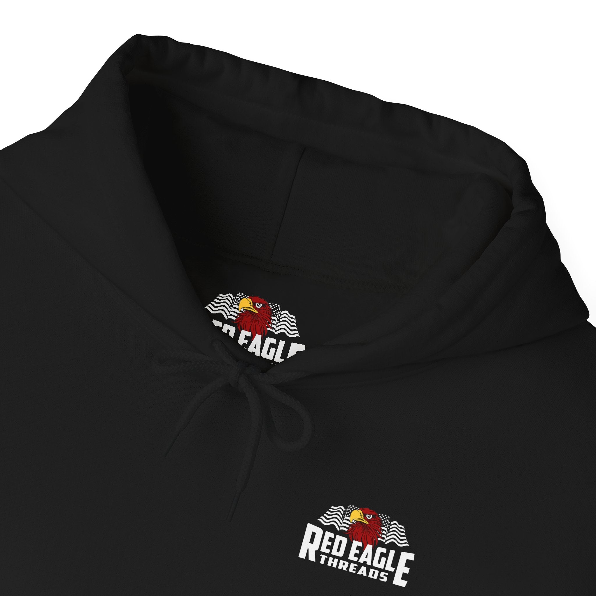 Black hoodie with 'Red Eagle Threads' logo on a white background