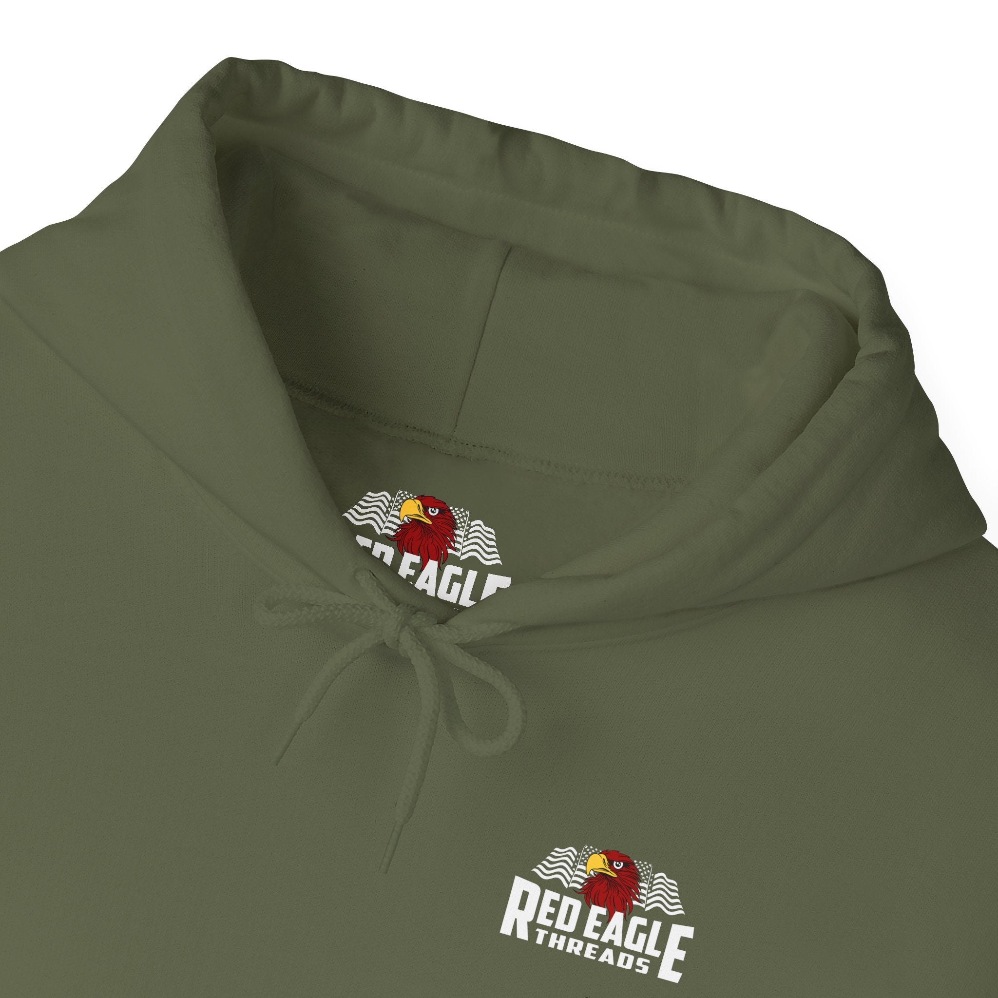 Military Green hoodie with 'Red Eagle Threads' logo on a white background
