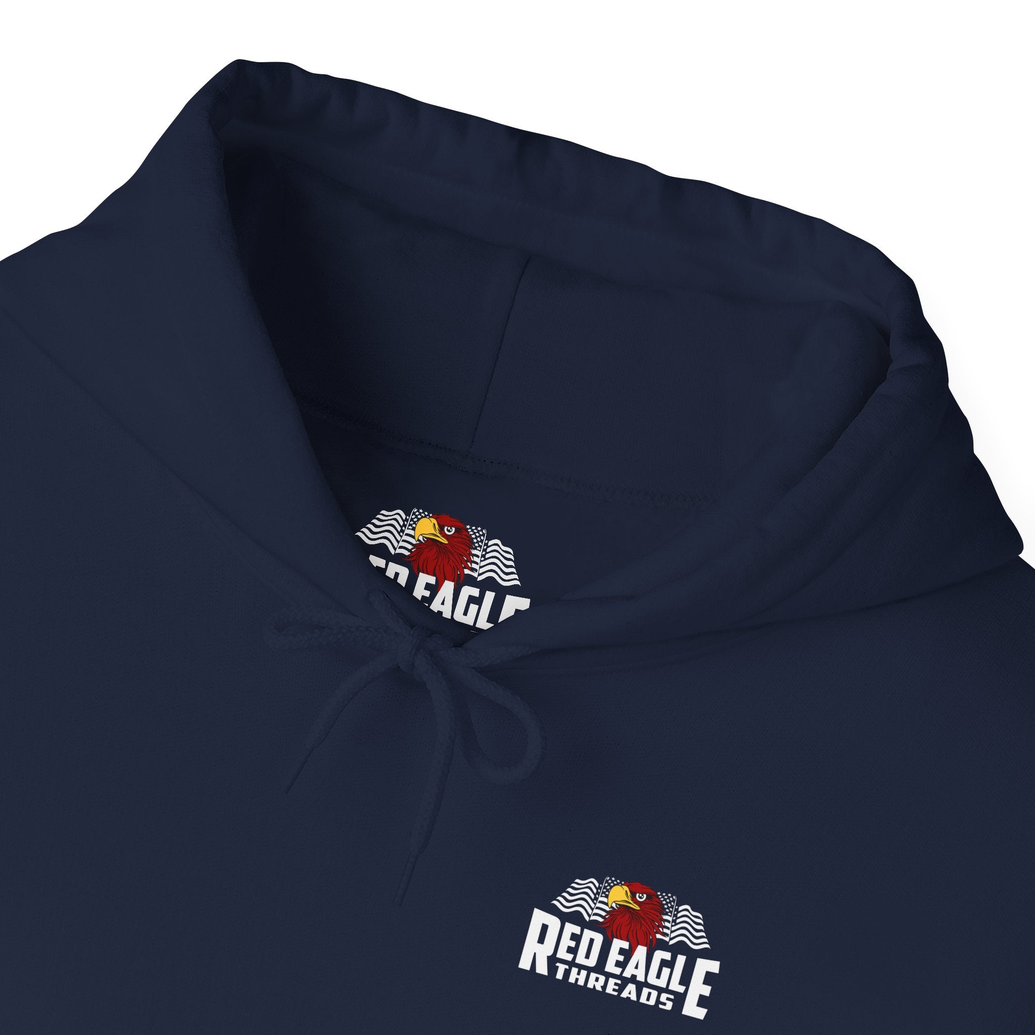 Navy blue hoodie with 'Red Eagle Threads' logo on a white background