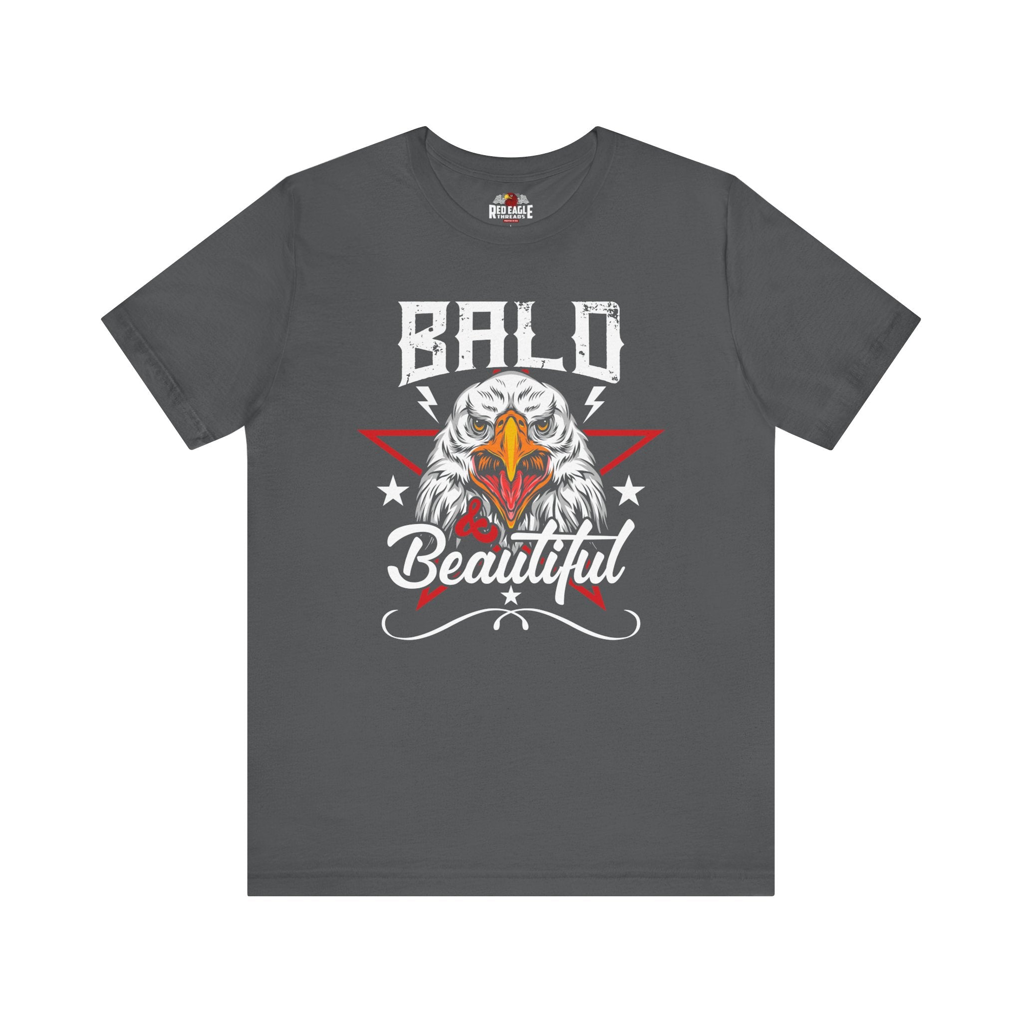 Gray t-shirt with an eagle graphic and 'Bald & Beautiful' text on a white background