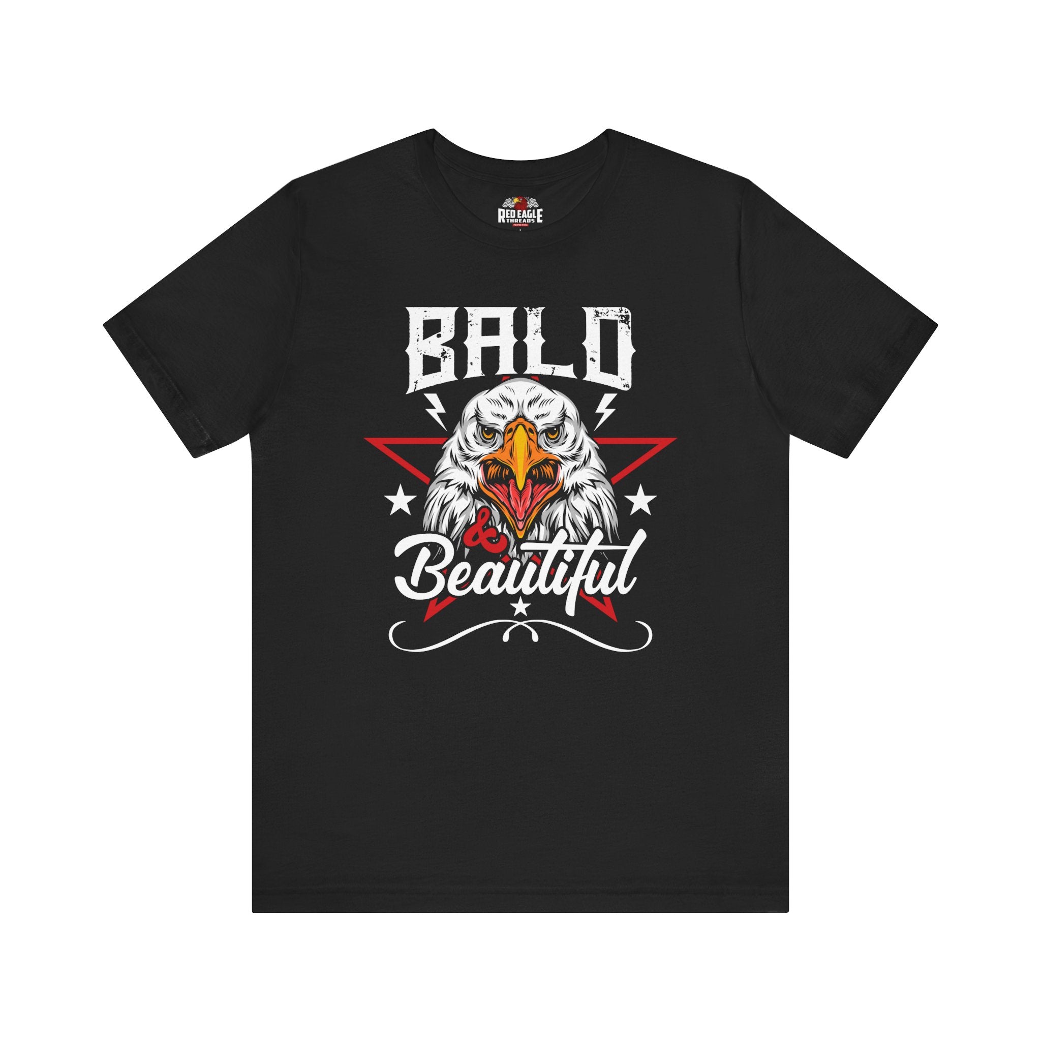Black t-shirt with an eagle graphic and 'Bald & Beautiful' text on a white background