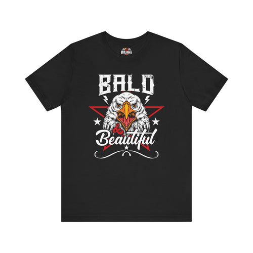 Black t-shirt with an eagle graphic and 'Bald & Beautiful' text on a white background