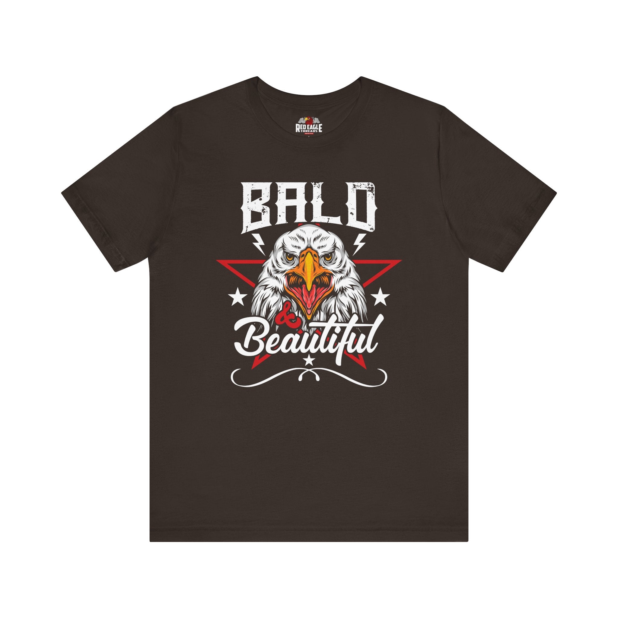 Brown t-shirt with an eagle graphic and 'Bald is Beautiful' text on a white background