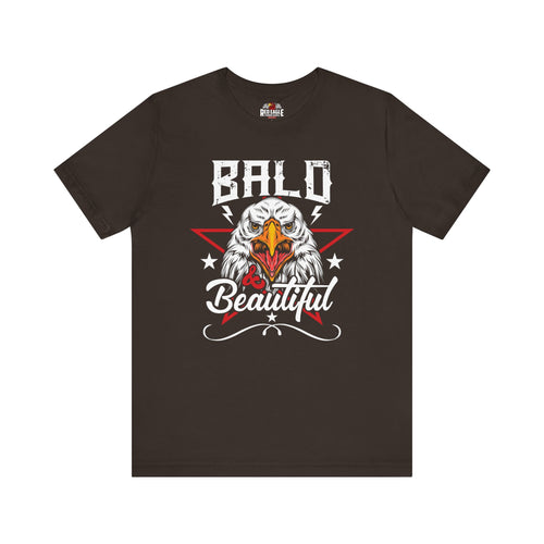 Brown t-shirt with an eagle graphic and 'Bald is Beautiful' text on a white background