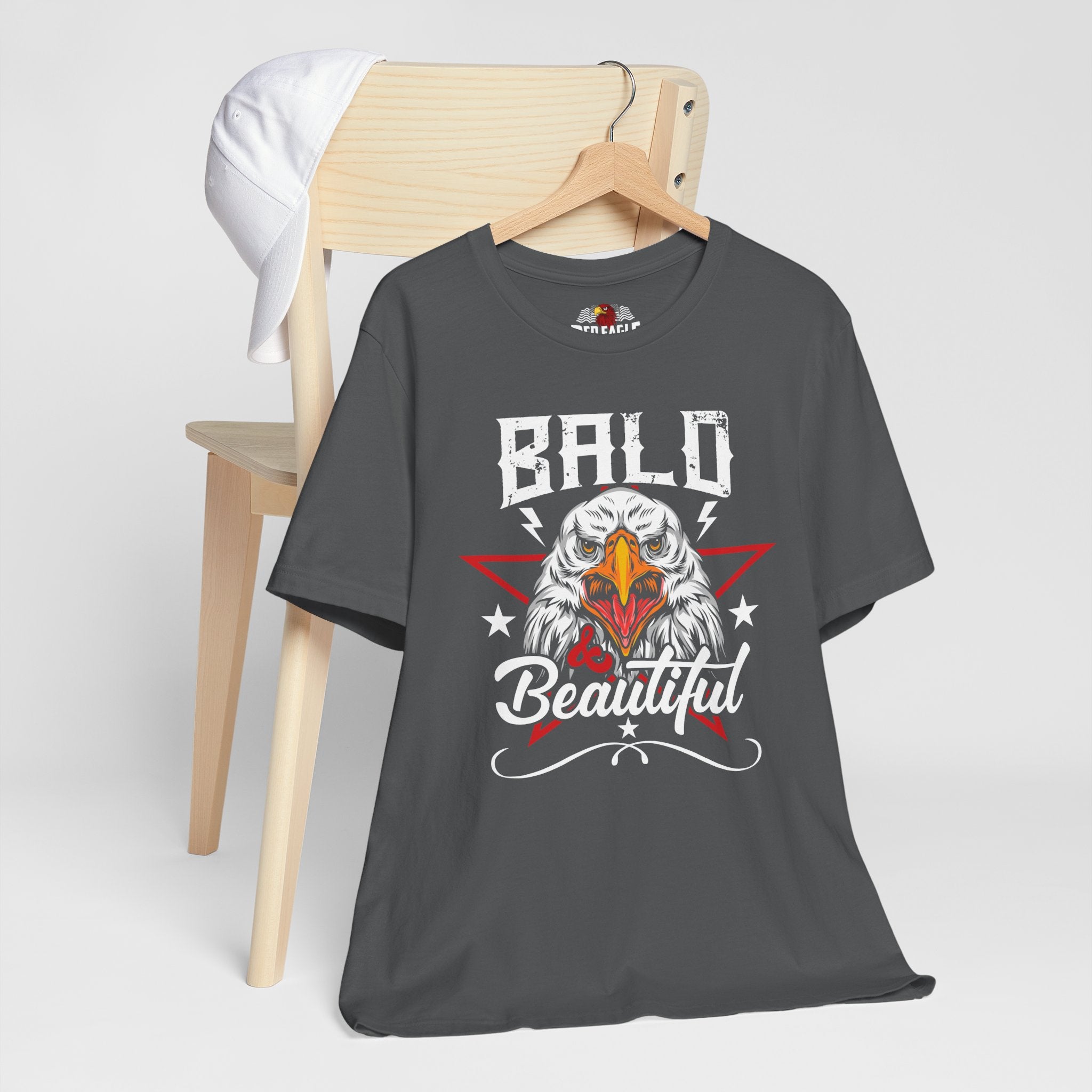 Gray t-shirt with bald eagle graphic and 'Bald Beautiful' text on a white background