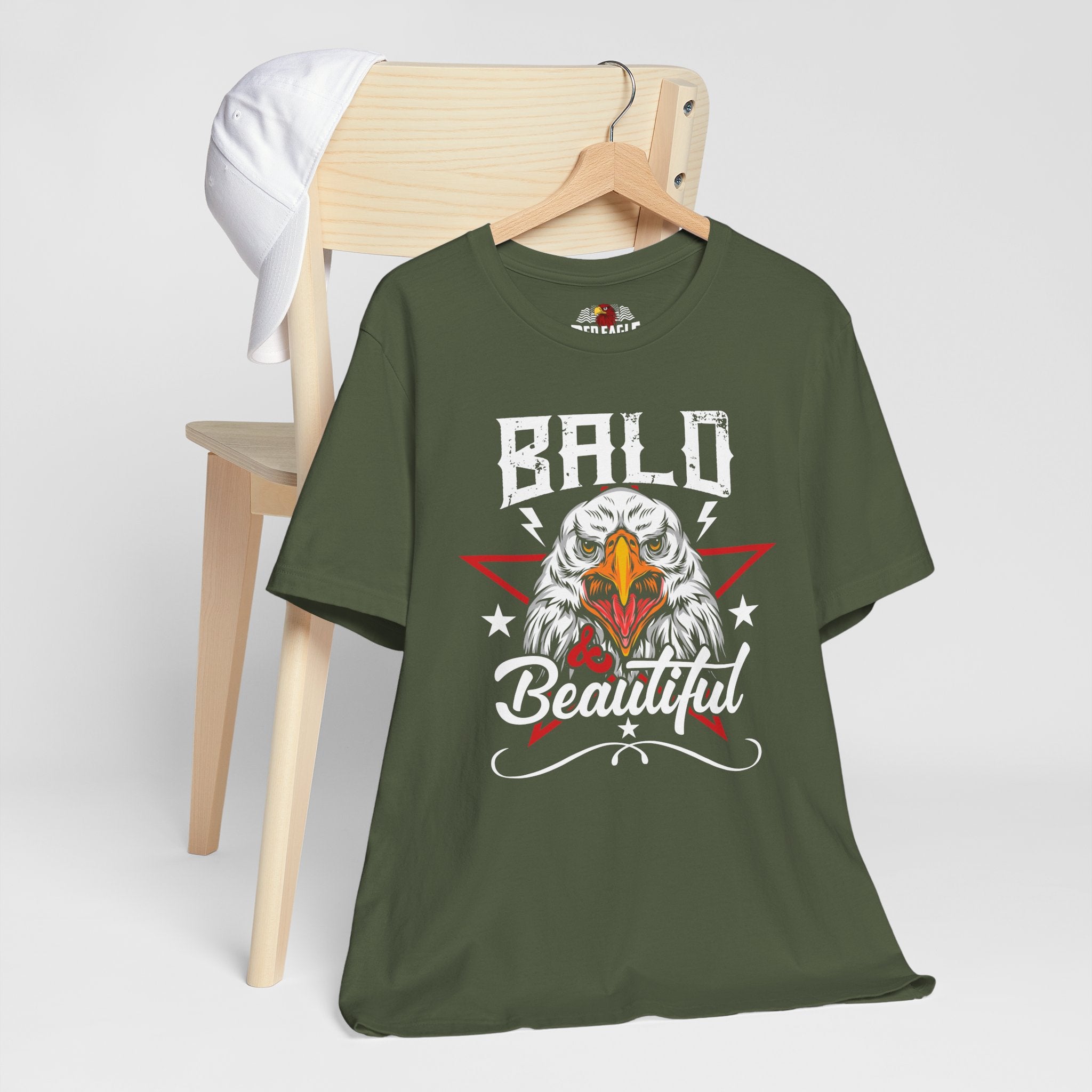 Military Green t-shirt with bald eagle graphic and 'Bald Beautiful' text on a white background