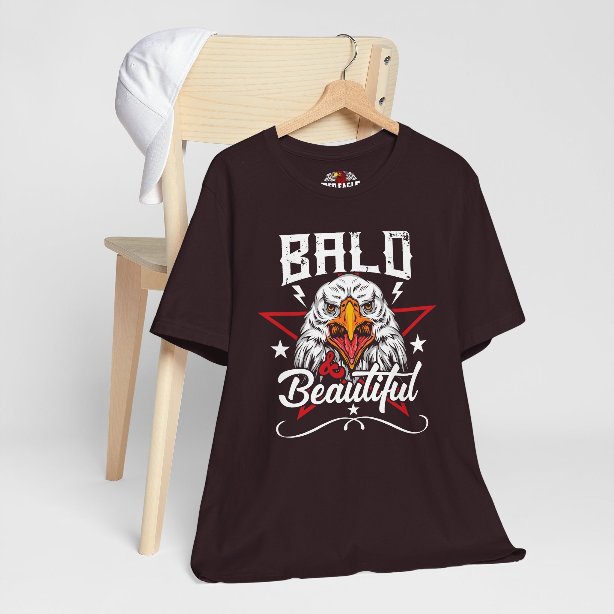 Oxblood Black t-shirt with an eagle graphic and 'Bald Beautiful' text on a white background