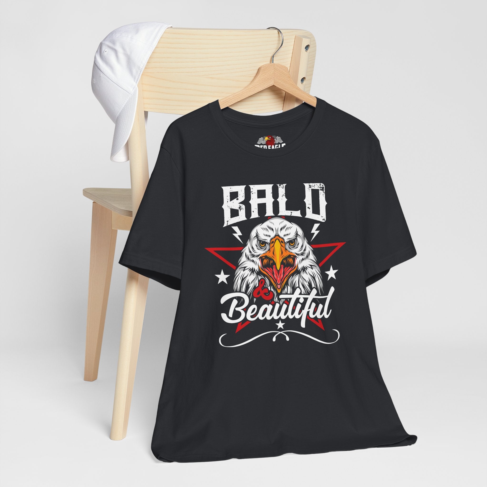 Vintage Black t-shirt with an eagle graphic and 'Bald Beautiful' text on a white background