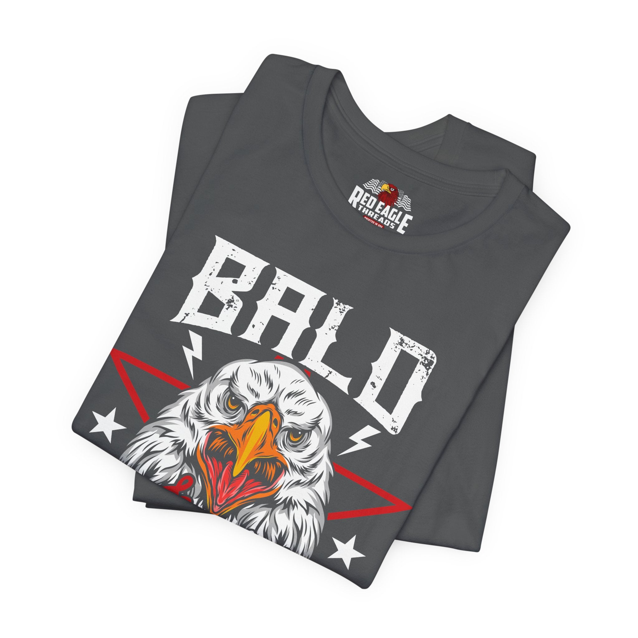 Gray t-shirt with an eagle graphic and 'Bald' text, featuring Red Eagle Apparel logo.