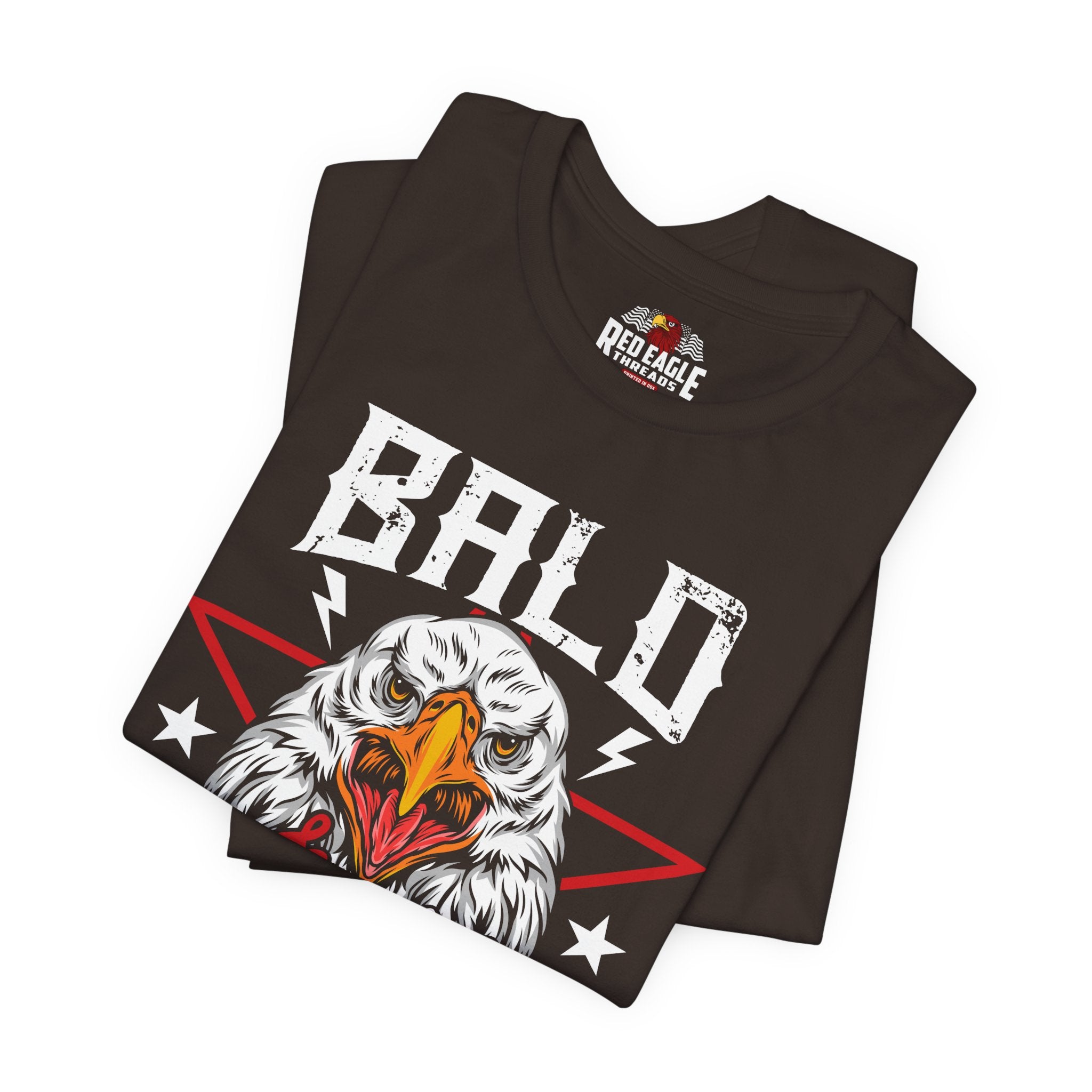 Brown t-shirt with an eagle graphic and 'Bald' text on a white background