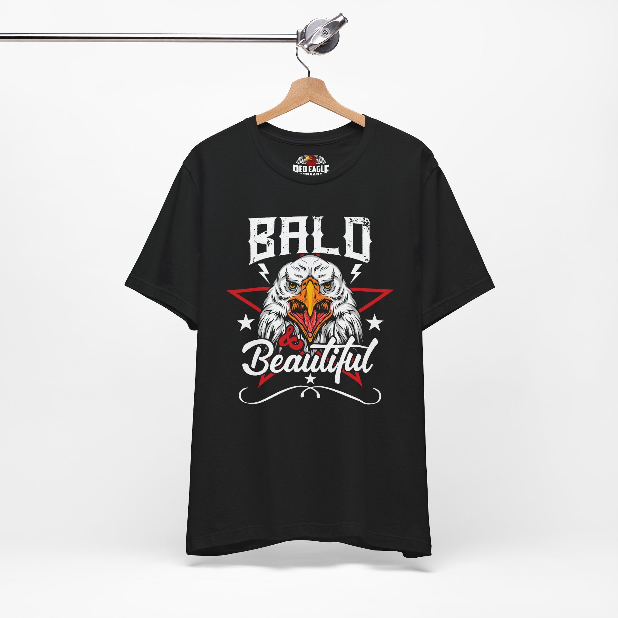 Black t-shirt with an eagle graphic and 'Bald Beautiful' text on a white background