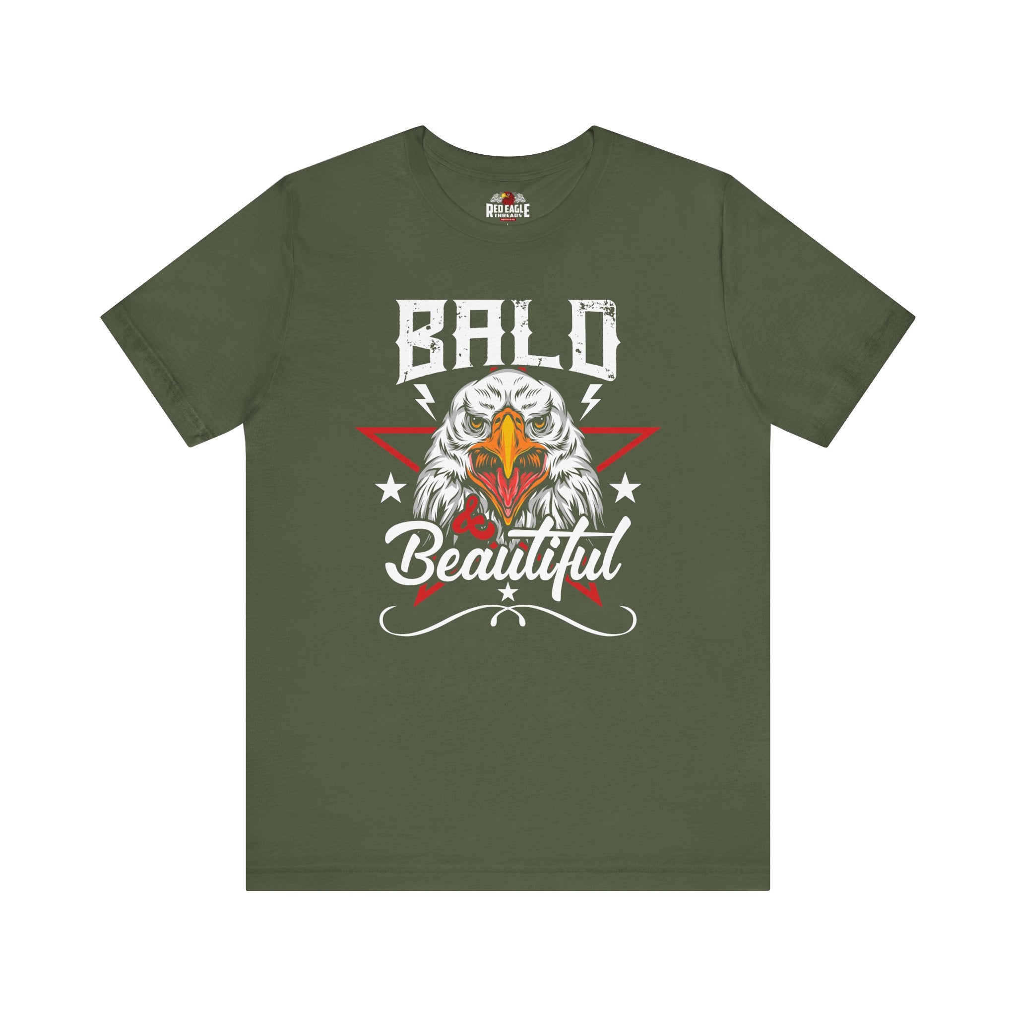 Military Green t-shirt with an eagle graphic and 'Bald is Beautiful' text on a white background
