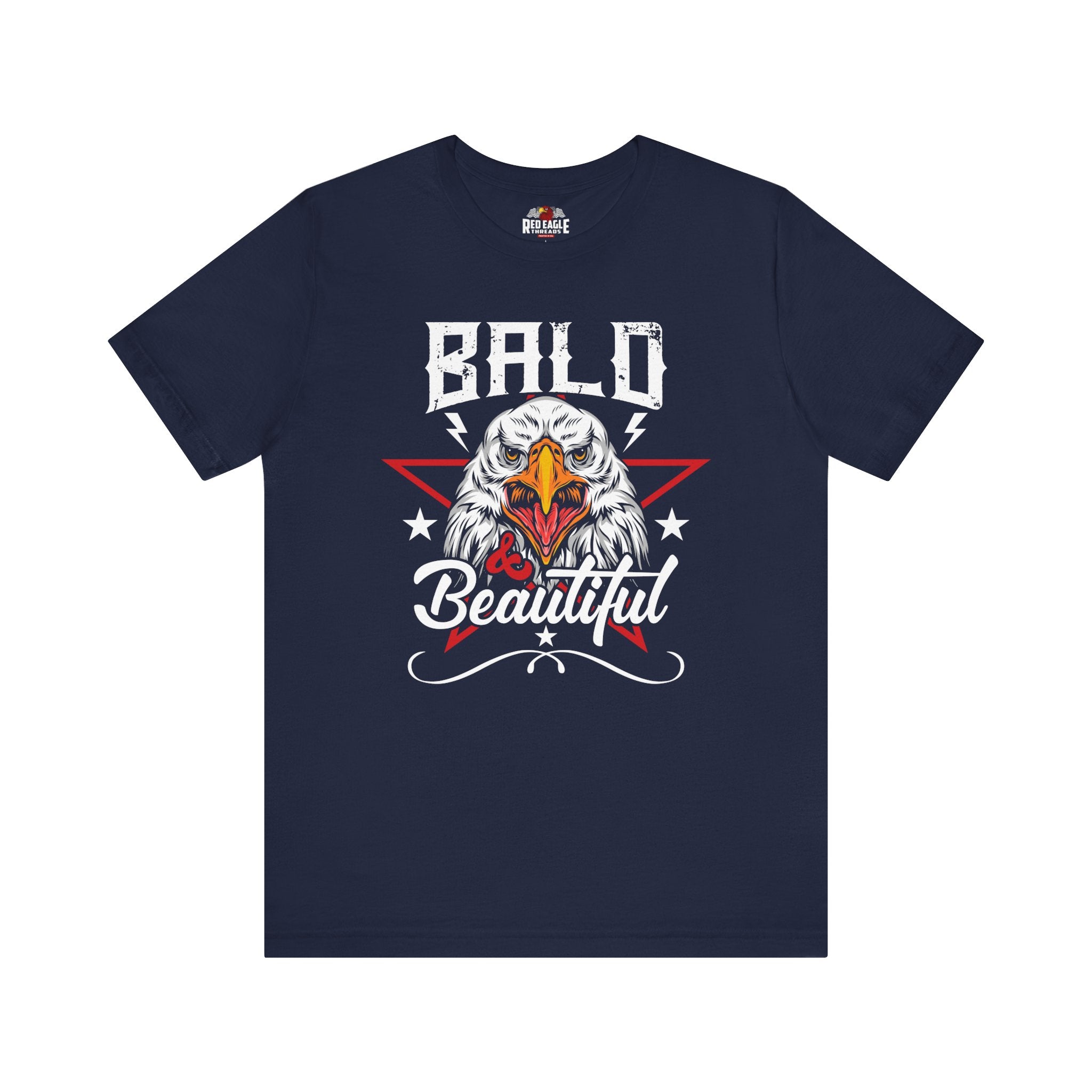 Navy blue t-shirt with an eagle graphic and 'Bald & Beautiful' text on a white background