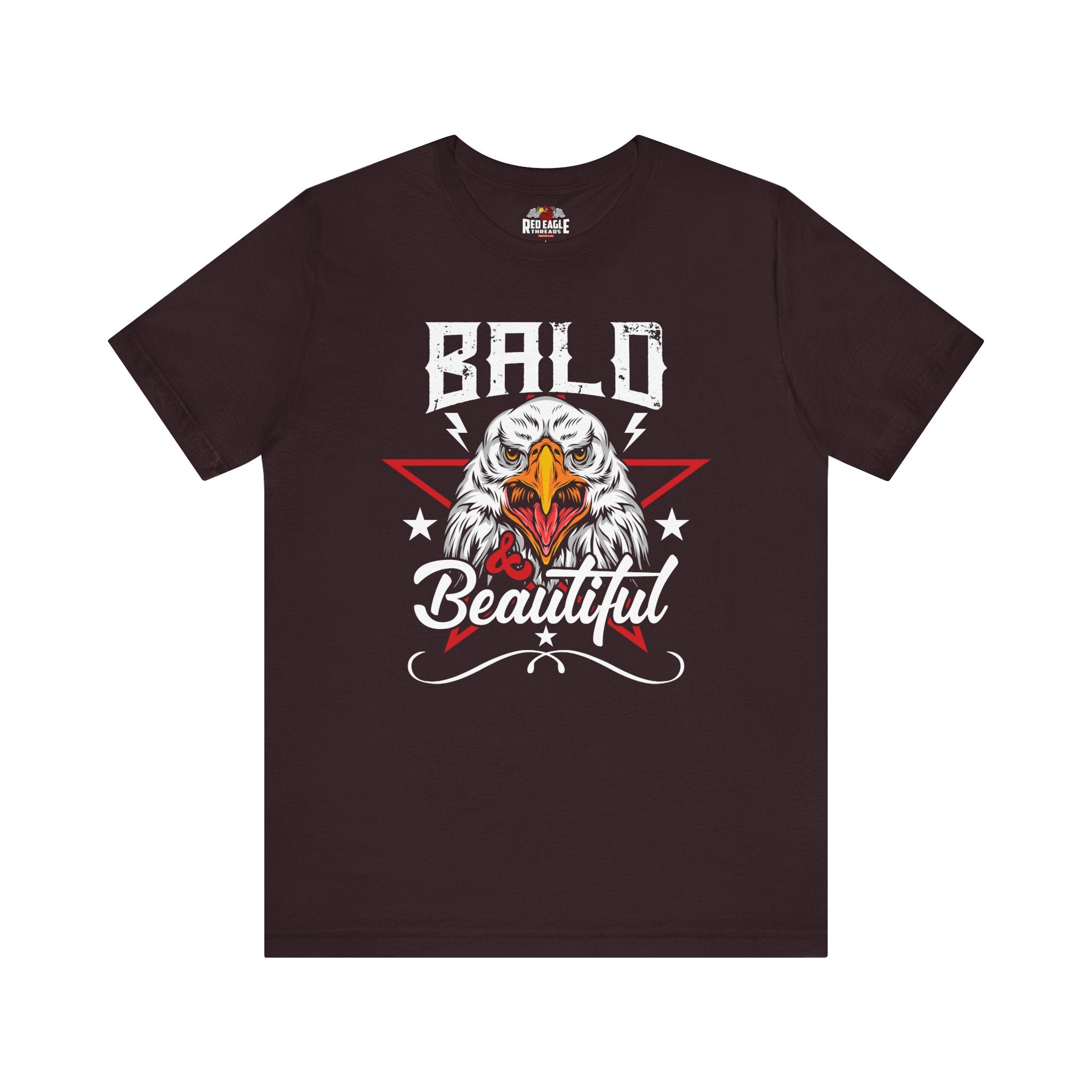 Oxblood Black t-shirt with an eagle graphic and 'Bald and Beautiful' text on a white background