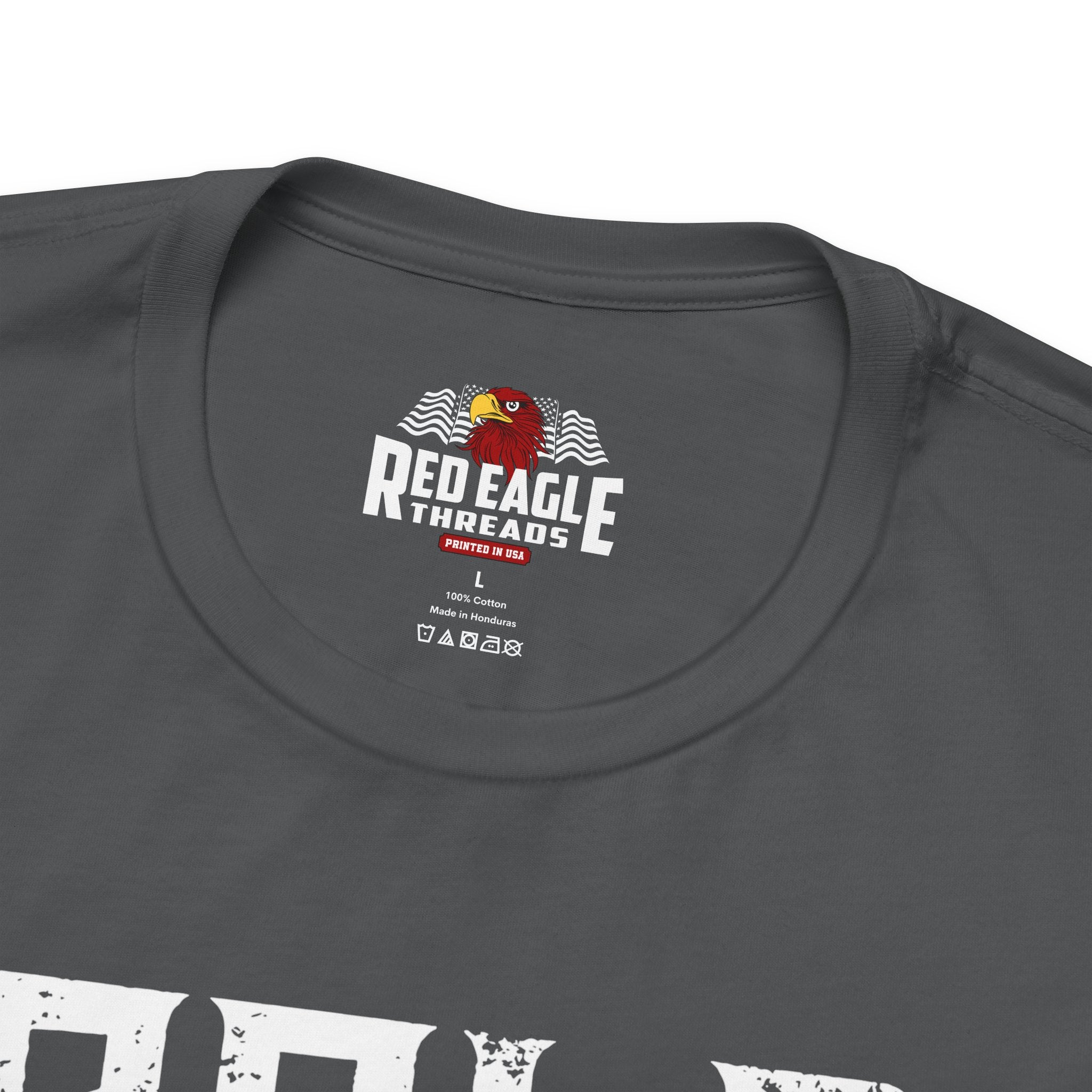 Gray t-shirt with Red Eagle Threads logo on a white background