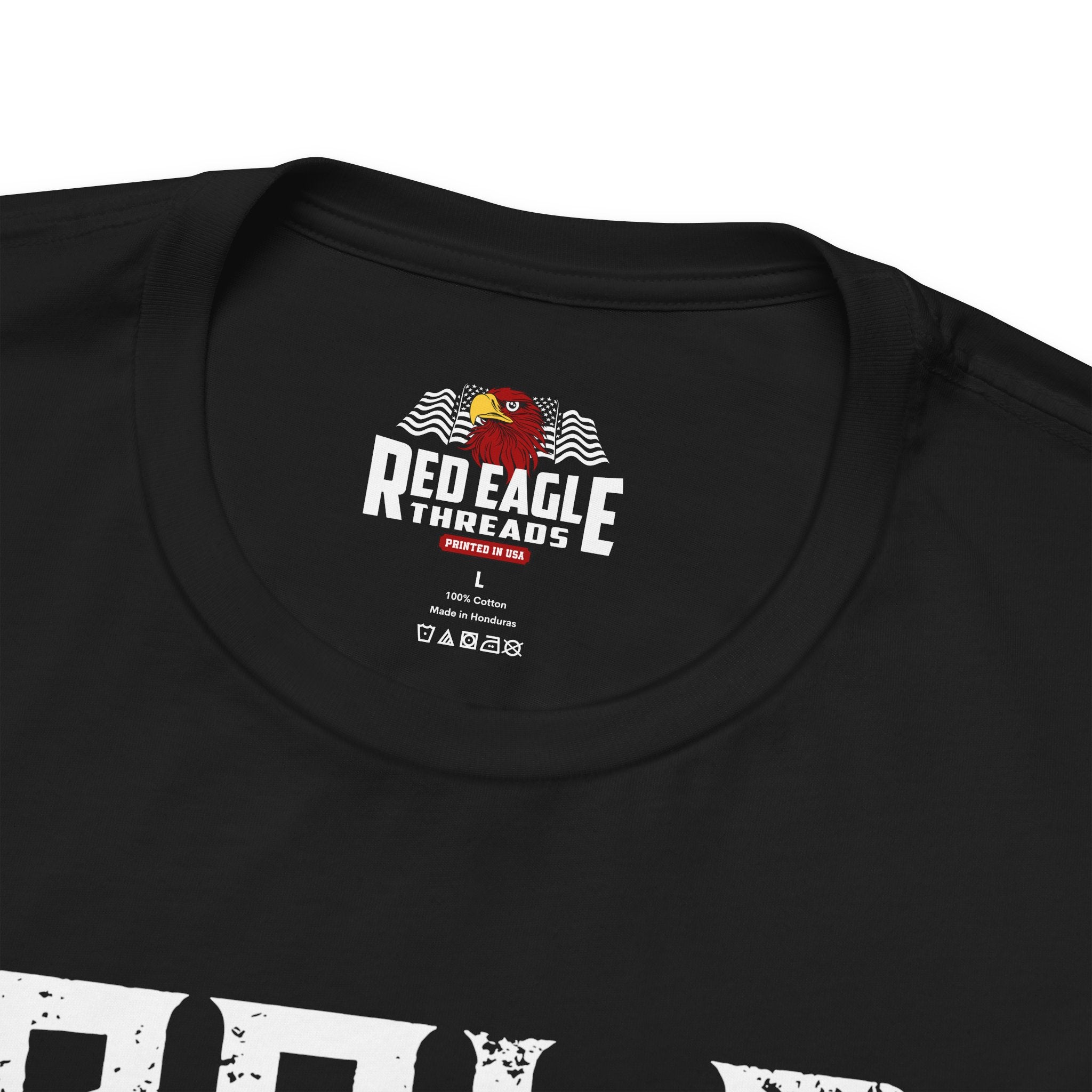 Black t-shirt with Red Eagle Threads logo on a white background