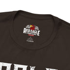 Close-up of a brown t-shirt with 'Red Eagle Threads' logo on a white background